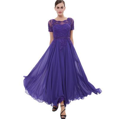 

CAZDZY Scoop Neck Short Sleeves Appliuqes Sash Evening Dress