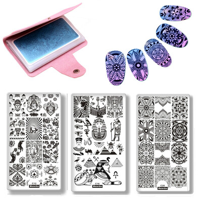 

4Pcs / Set Buddha Pharaoh Mandala Маникюр Nail Art Template 3 Пластины изображений + 20-слот-шаблоны Кожаный держатель