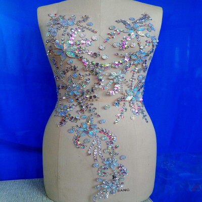 

Handmade clear AB colour crystal patches sew on Rhinestones applique with stones sequins beads 60x30cm for dress applique