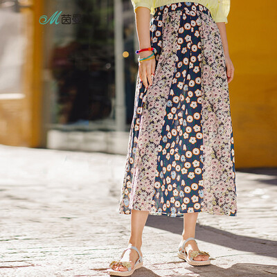

INMAN 2018 summer new elastic waist romantic big fresh literary fan small floral skirt printed long skirt 1882110365 pink L
