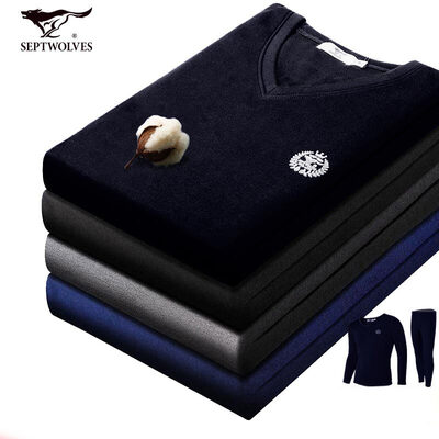 

Seven wolves thermal underwear men plus velvet thick set invisible V-neck mens autumn&winter velvet autumn clothes long pants set 99295 Navy blue L