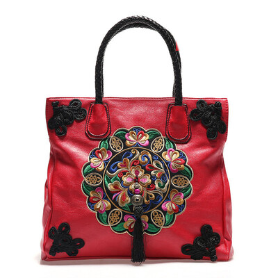 

Fashion ethnic embroidered floral handbags leather women messenger bags women ethnic embroided tote bags square