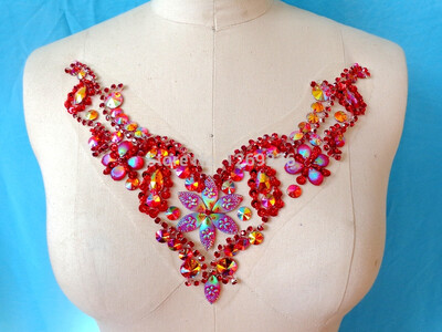 

Handmade crystal patches Red sew on Rhinestones applique with stones sequins beads 2420cm for top dress