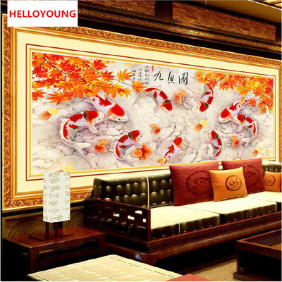 

DIY 5D Annual surplus Nine fish Auspicious Drawing Home Decor Embroidery Kit Round Diamond Painting Cross Stitch