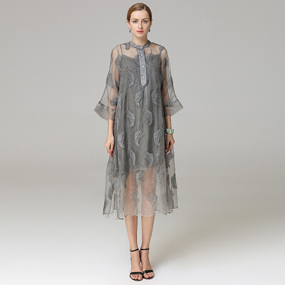

2018 Summer Silk Dress Women elegant long Vintage organza embroidery dresses lady Fashion High Quality Fit Flare Solid Dresses