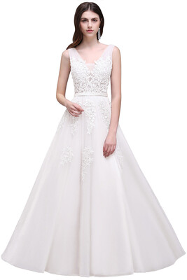 

Lace A-line Long Evening Prom Formal Dresses V-neck Party Pageant Bridesmaid Gown 2018