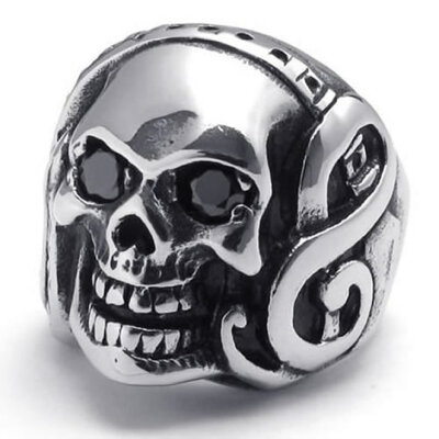 

Hpolw men silver&black Stainless Steel casting Gothic Listening Music Skull/skeleton Biker Mens Ring