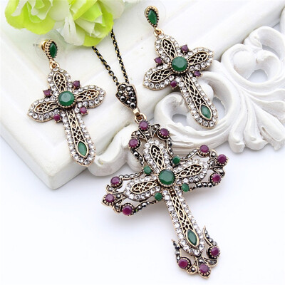 

Vintage Turkish Women Flower Cross Jewelry Sets Antique Gold Color Resin Cross Earring Rhinestone Cross Necklace Ethnic Jewelry