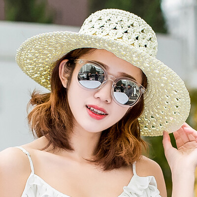 

BENOORAY hat female beach literary straw hat hand-knitted bow hollow sunscreen big hat white