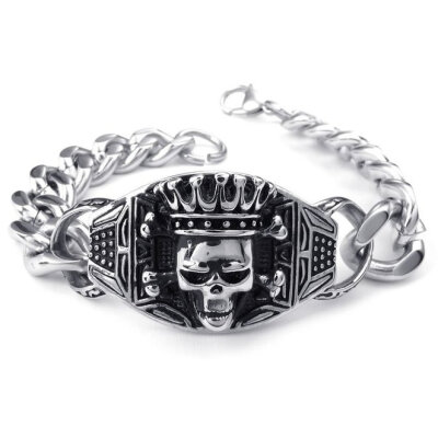 

Hpolw Mens Stainless Steel Bracelet, Gothic Skull King Charm Biker Link, Silver Black