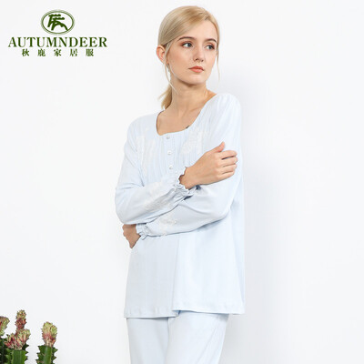 

Autumn deer pajamas ladies cotton hood long-sleeved home service solid color simple set QCH2615 light blue