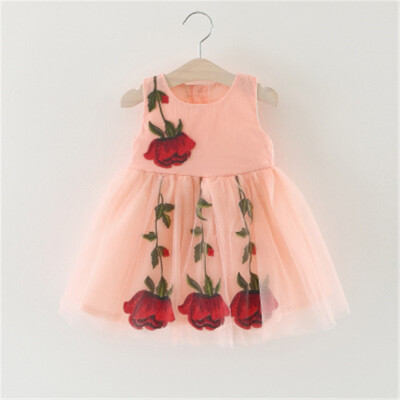 

70-100 Summer Girls Fashion embroidered Rose Dress Children Kids Sleeveless O-Neck Mini Dress