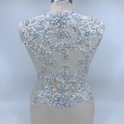 

Pure hand made silverivory sew on Rhinestones lace applique patches trimming 5432cm for wedding dress accessory