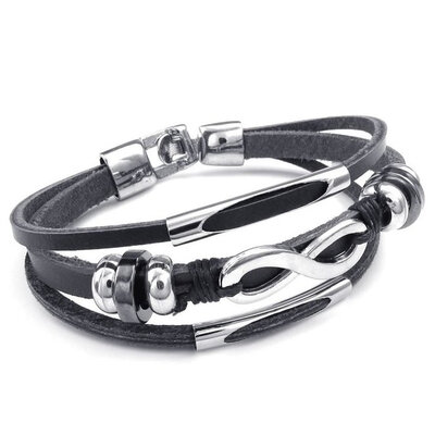 

Hpolw Mens Womens Leather Bracelet Love Infinity Charm Cuff Bangle Black Silver