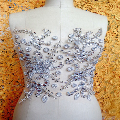 

Handmade crystal patches sew on silver Rhinestones applique with stones sequins beads 3127cm for dress
