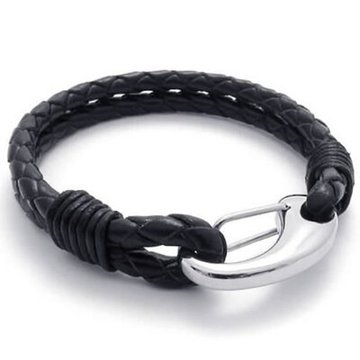

Hpolw Black Leather Mens Bracelet Stainless Steel Clasp, Black Silver - 8", 8.5", 9
