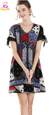 

M L XL XXL 3XL 4XL 5XL plus size chiffon elegant new summer 2018 print dress women short sleeve big size loose v neck beading