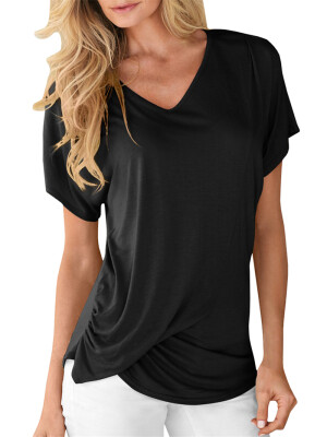 

Womens Solid Color Drapy V-Neck T-Shirt