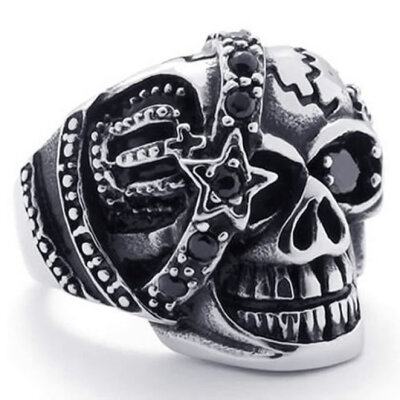 

Hpolw Gothic Skull Cubic Zirconia Stainless Steel Men's Biker Ring, Silver Black