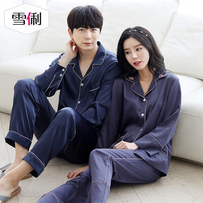 

Snowy spring long-sleeved couple pajamas luxury loose women South Korea silk home service thin section mens cardigan suit womens blue XXL