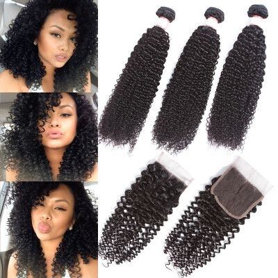 

Brazilian Virgin Hair Kinky Curly 3 Bundles with Closure Brazilian Curly wave with Lace Closure Unprocessed Human Hair Extensions