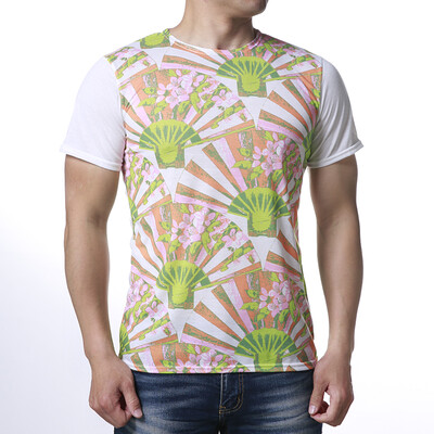 

Mens Chinese Style Floral Printed Round Neck Short Sleeve T-shirt