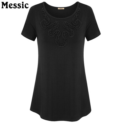 

Vintage Appliques Flower Female T-shirt Short Sleeve O-Neck Women Casual Solid Tee Curved Hem Femme Casual Tops Plus Size XXL