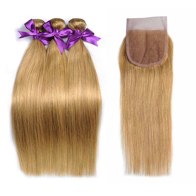 

Nig Cute Hair Brazilian Virgin Hair 27 Colored Blonde Human Hair 3 Bundles Straight Hair Weave With Closure
