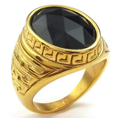 

Hpolw New Fashion Men's Large Natural Classic Oval black stone Onyx Crystal Golden Stainless Steel Ring