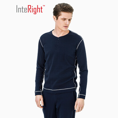 

INTERIGHT home service mens cotton Henry collar long-sleeved shirt pajamas home service navy blue