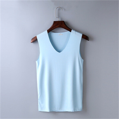 

2018 summer ice silk sleeveless leisure fitness wide shoulder vest male V-neck silk pure color mens vest