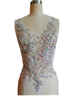 

Pure hand made clear AB colour silver sew on Rhinestones applique on mesh crystals patches 5030cm dress accessory