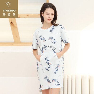 

Filament bird TINSINO Summer lady short-sleeved nightdress red ear bunny cute girl thin section can wear outside home service female WHY9049028 light gray green