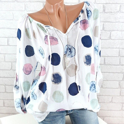 

Try Everything Off Shoulder Top Plus Size  Bandage Polka Dot Long Sleeve Blouse Women Summer 2018 V Neck Casual Womens Shirt
