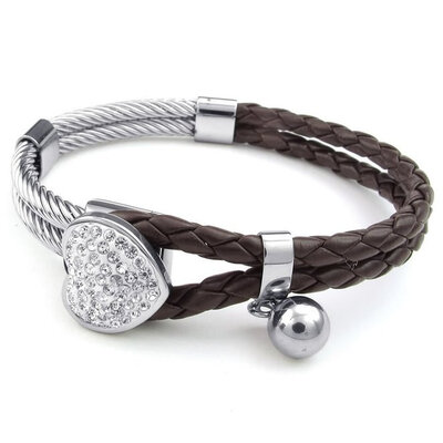 

Hpolw Womens Leather Stainless Steel Bracelet Heart Charm Braided Cuff Bangle Brown Silver