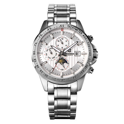 

Bestdon 7108G Mens Sport Waterproof Stainless Steel Band Luminous Pointer Auto-Mechanical Watch w CalendarSilver White