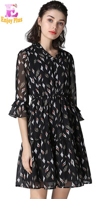 

L - 5XL плюс размер элегантный шифон летом 2018 платье женщин вспышка 3/4 рукав большой размер черный печати v шею офиса