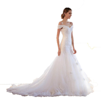 

Pure White Off Shoulder Lace Up Pearls Mermaid Wedding Dress