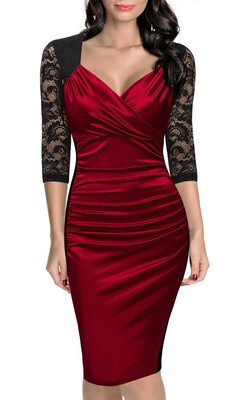 

Bigood Women Elegant Deep V Half Sleeve Lace Bodycon Dress Party Skirt