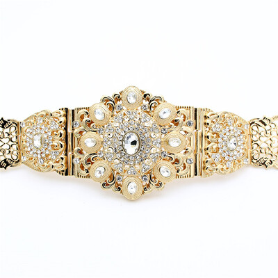 

Elegent Round Crystal Waist Chain Metal Belt Adjustable Length Body Jewelry India Nigeria Wedding Hollow Flower Belly Chain Gift