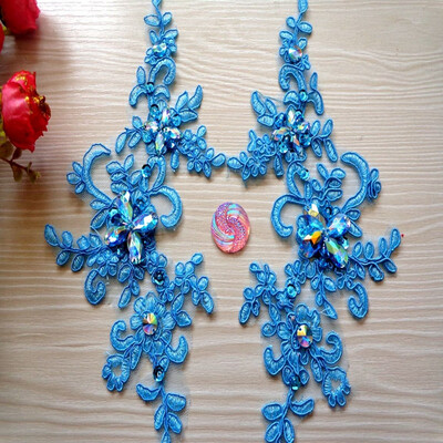 

Handmade sequins Rhinestones patches sew on Light Blue colour lace applique Delicate embroidered 2310cm for dress