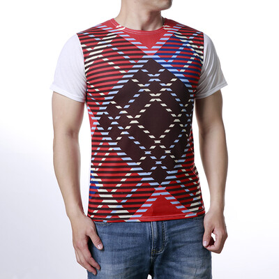

Mens Geometric Shape Strip Contrast Color O-Neck T-Shirts