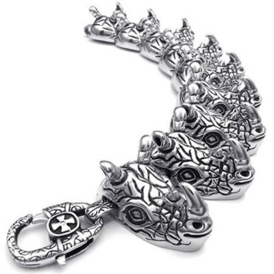 

Hpolw Heavy silver&black Stainless Steel Cross Gothic Rhinoceros Biker Mens Lobster clasp Bracelet