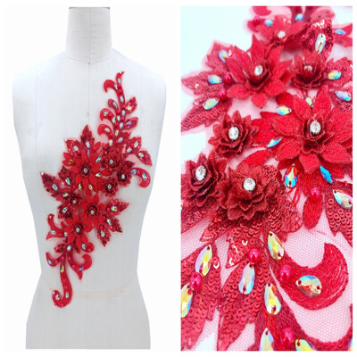 

Three-dimensional red lace applique with handsewing beads rhinestones trimming patches 3816cm for dress accessory