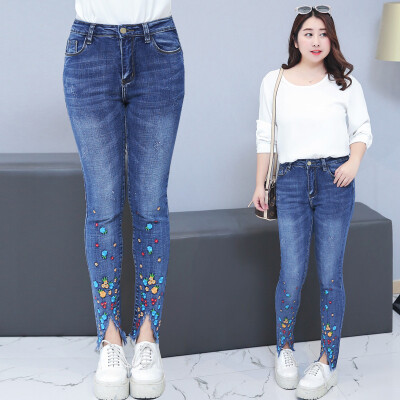 

Fashion Embroidery Flower Jeans women spandex denim Slim fit high waist ninth Pants blue