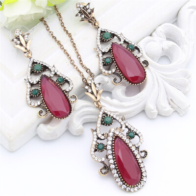 

Vintage Turkish Women Crystal Jewelry Sets Water Drop Long Earring Hollow Resin Necklace Antique Gold Color India Bridal Bijoux