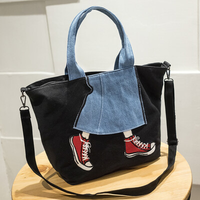 

Hot sale mother's day presents fashion canvas shoulder handbag bag contrast color cowboy skirt leisure travel large women's bags