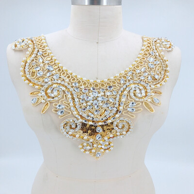 

Golden lace applique with silver beads rhinestones patches 3029cm for dress accessory