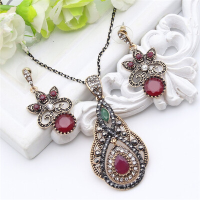 

New Style Turkish Jewelry Sets Flower Resin Earrings Pendant Necklace Women Color Rhinestone Ethnic Jewelry Indian Ladies Bijoux