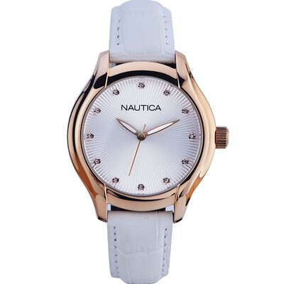 

Nautica (NAUTICA) Ши Ин часы любителей моды случайный белый пояс женская форма столовое серебро циферблат A12657M